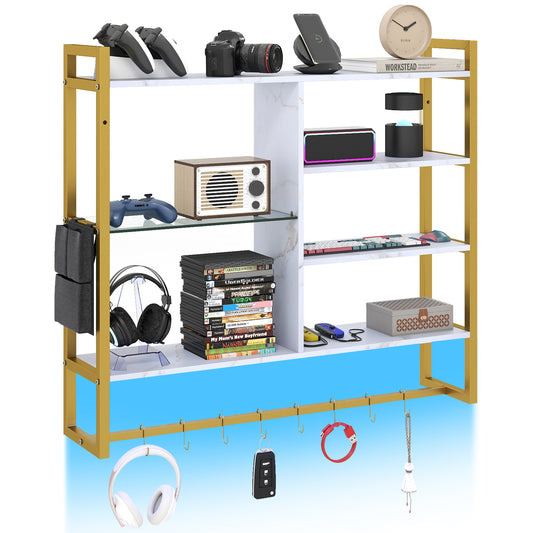 107 CM Gaming Floating Shelves with LED lights in white with gold frame, showing multiple shelves and hanging hooks