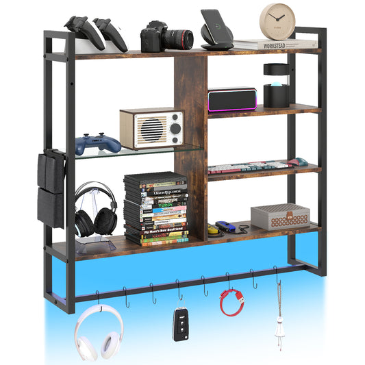107 CM Gaming Floating Shelves with LED lights and hooks for hanging items
