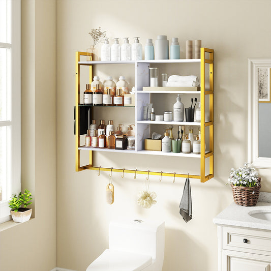 The wall mounted bookcase fixed above a toilet with various toiletries and bathroom accessories