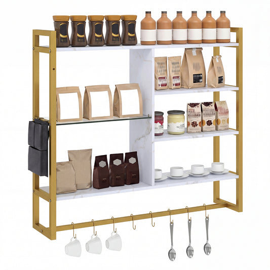 107 CM Industrial Floating Shelves 6-Tier Wall Mounted Shelf with white surfaces and gold frame