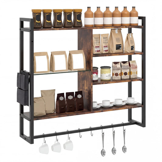 107 CM Industrial Floating Shelves 6-Tier Wall Mounted Shelf filled with kitchen jars and mugs