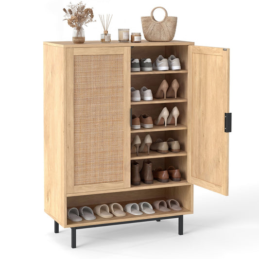 108CM Tall Shoe Cabinet 6-Tier with 2 Doors and Adjustable Shelves-Natural, front view with one door open