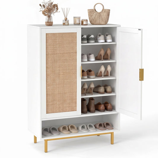 108CM Tall Shoe Cabinet 6-Tier with 2 Doors and Adjustable Shelves-White showing shoes on shelves