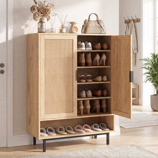 This tall shoe cabinet has a cane door on the left and a wooden door on the right, filled with shoes
