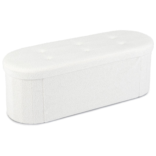 109cm Oval Ottoman with Dividers and Storage in textured beige fabric with button tufting on the lid