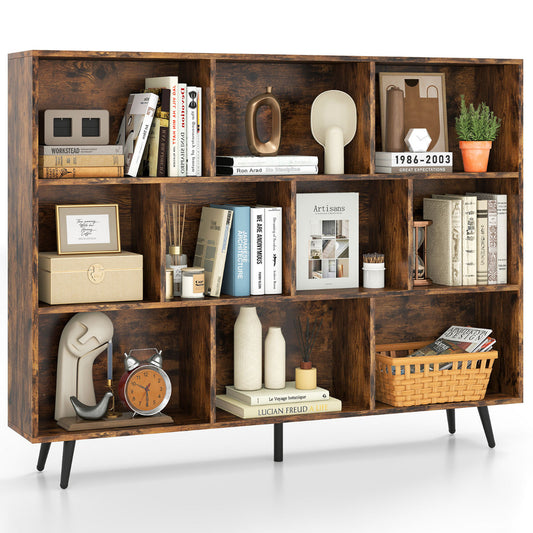 10-Cube Bookcase 140 CM Storage Organizer with 5 Tapered Metal Legs-Coffee