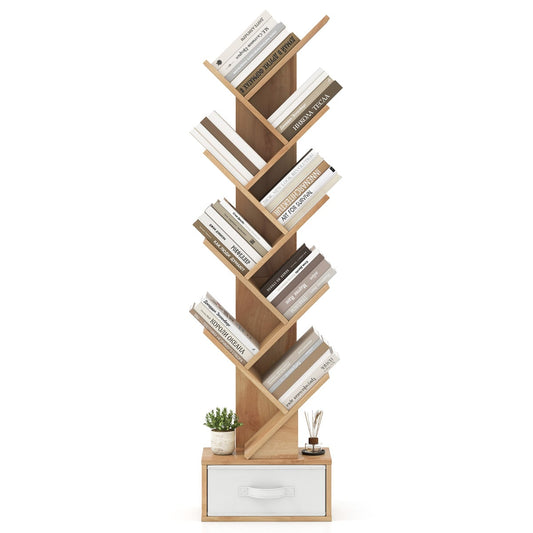 10-Tier Freestanding Tree Bookshelf with Drawer-Beige filled with books and a small plant