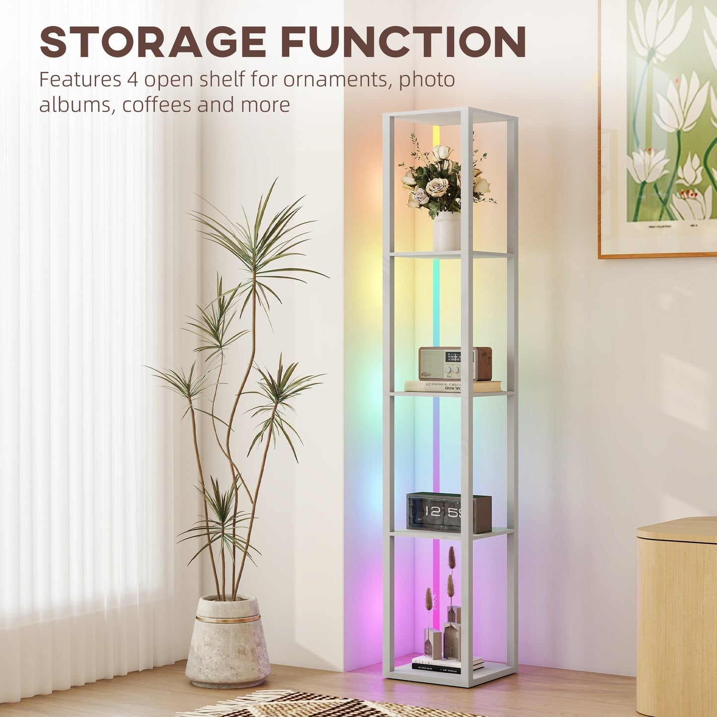 HOMCOM RGB LED Floor Lamp with Shelves, Modern Dimmable Standing Lamp with Remote Control, Adjustable Brightness & Speed for Living Room, Bedroom, Office, Grey