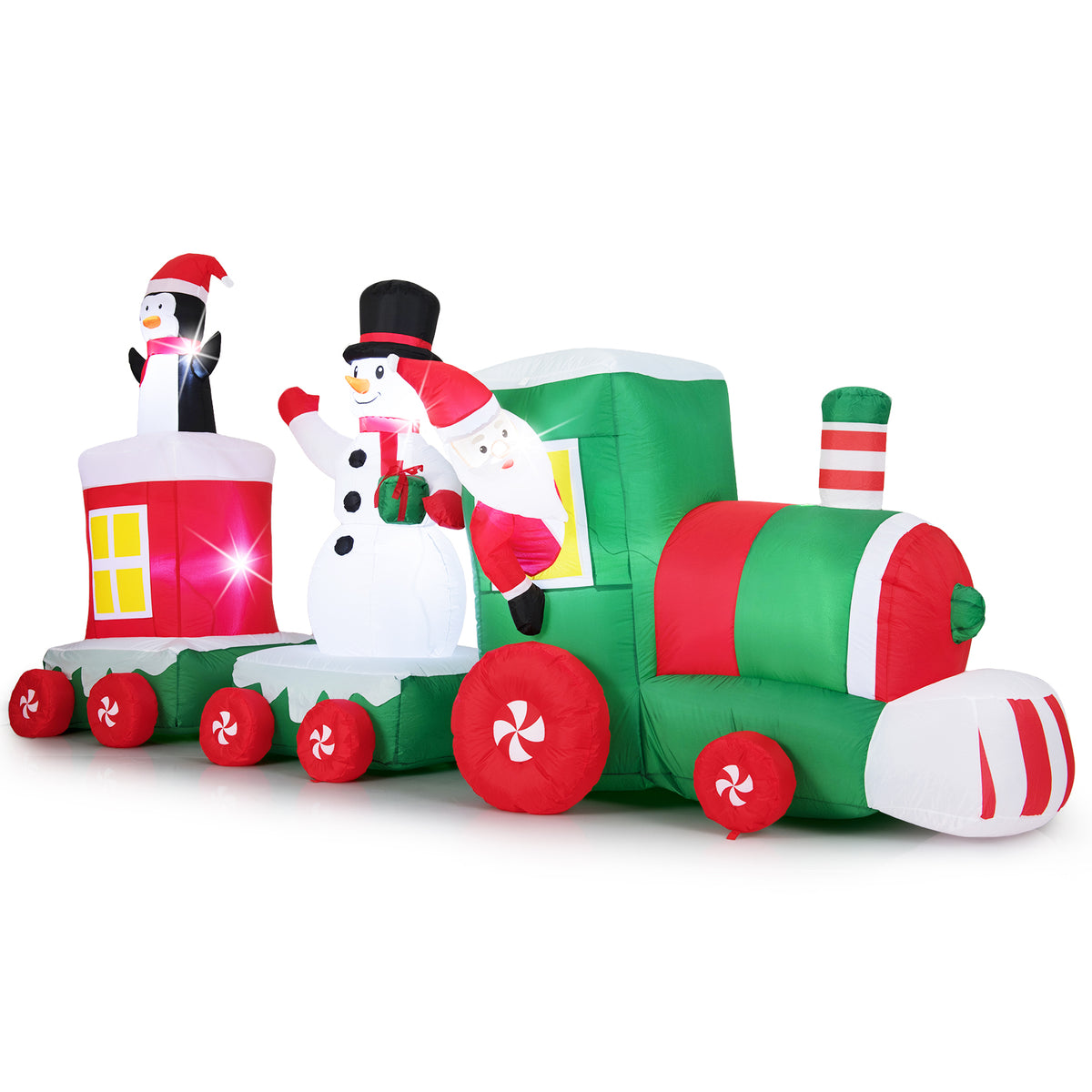 Close up of the Christmas inflatables train showing the detail of Santa and snowman