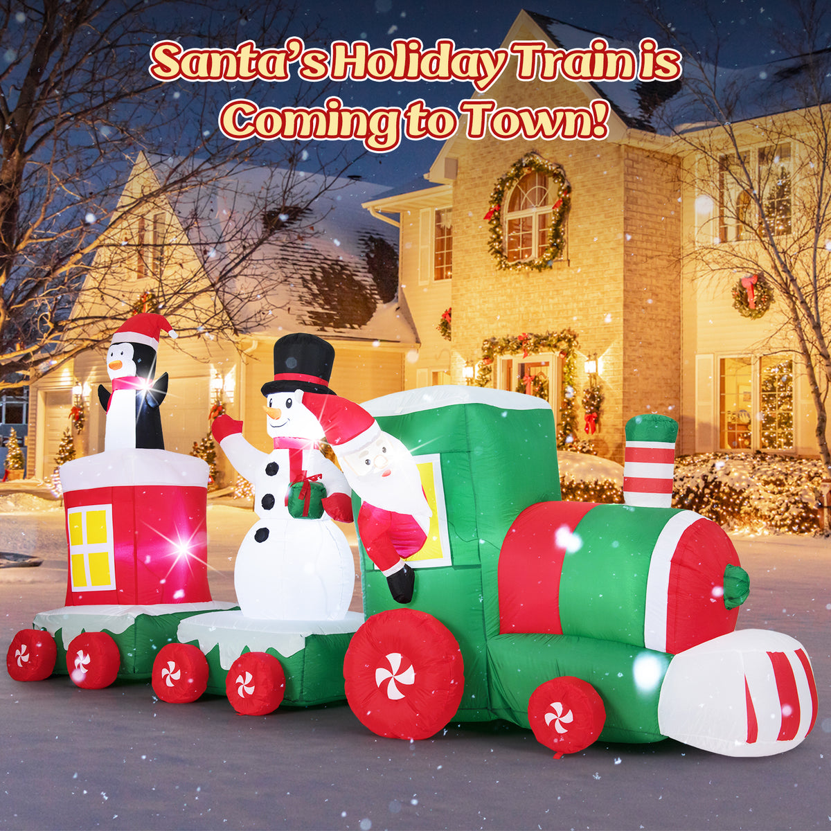 Christmas inflatables train with Santa, snowman and penguin in a festive outdoor setting