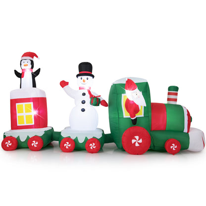 11.5 Feet Christmas Inflatables Train with a penguin, snowman and Santa on a plain white background