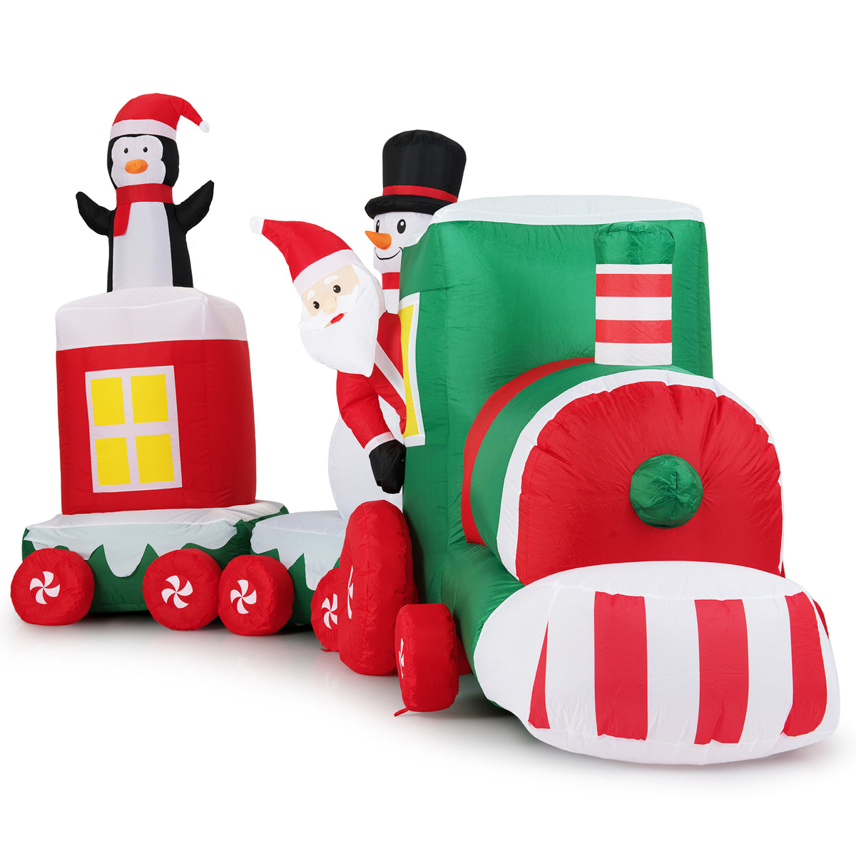 The Christmas inflatables train with Santa, snowman and penguin on a white background