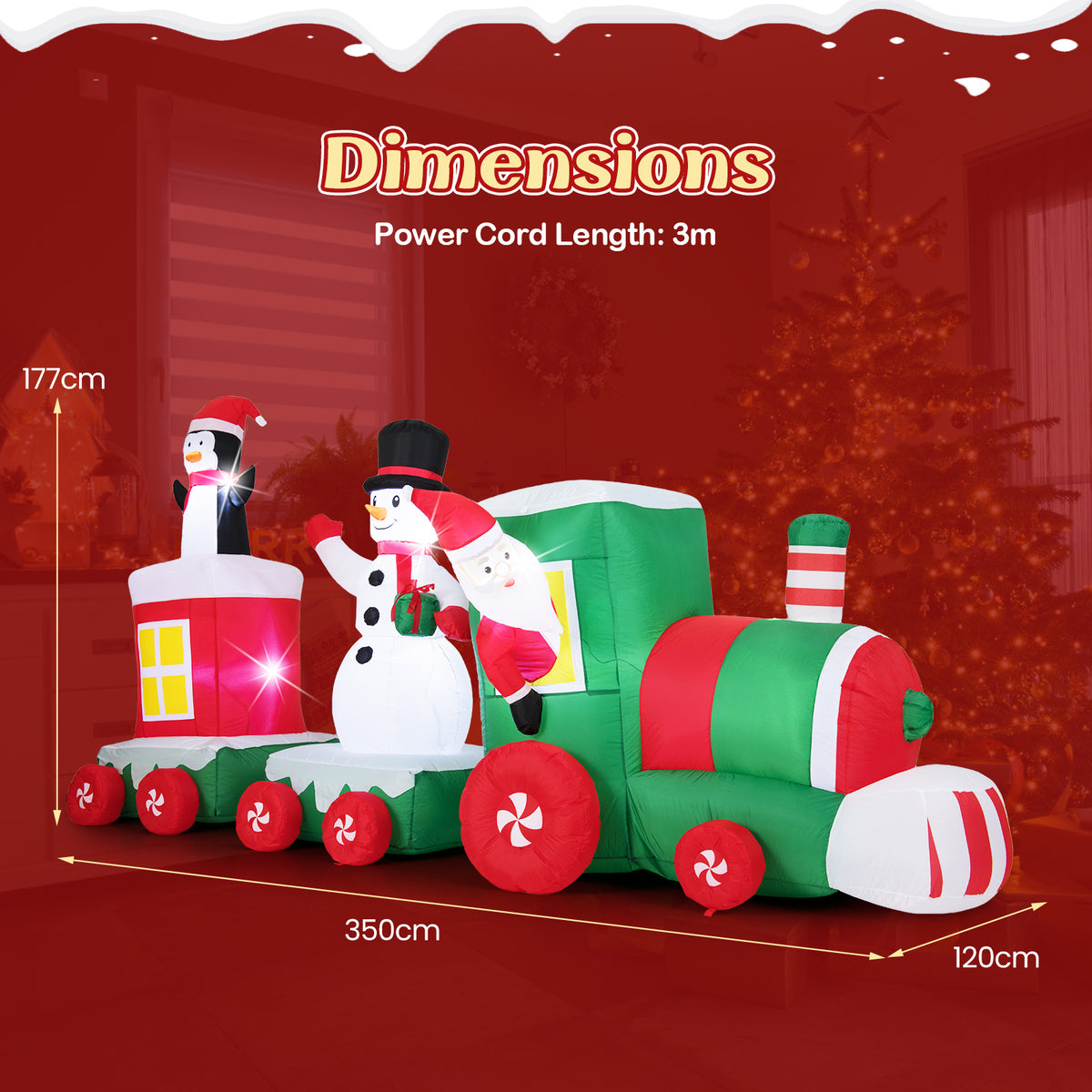 Size diagram for the Christmas inflatables train showing dimensions