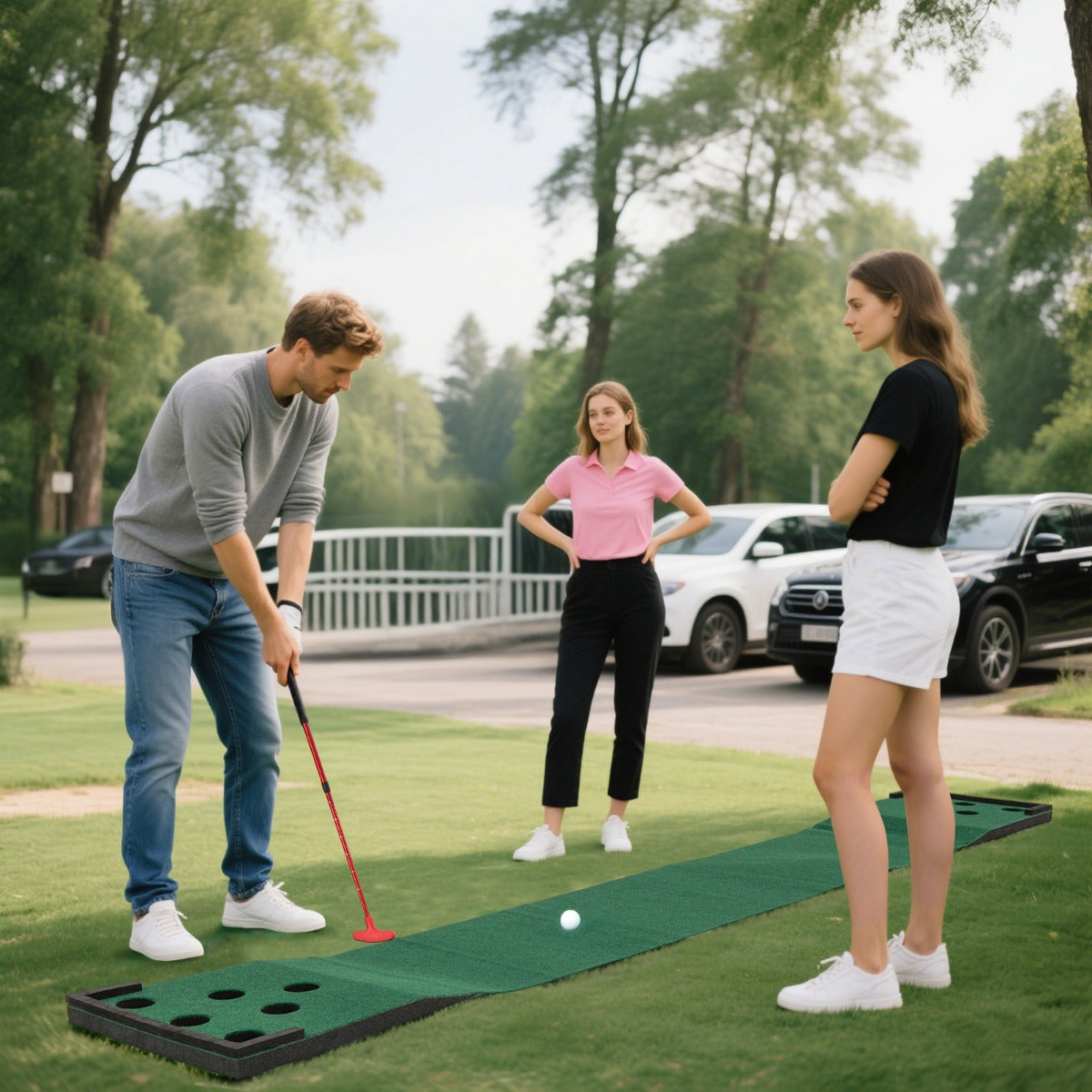 A group of friends enjoying the golf putting green mat in a park setting