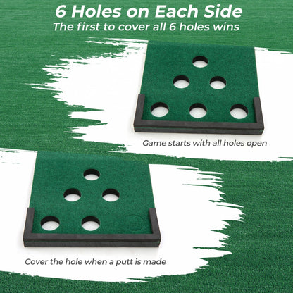 Close up of the golf putting green mat showing the holes and how they are covered