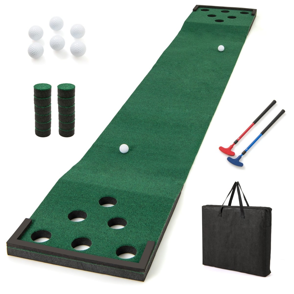 11 FT Indoor Outdoor Putting Green Mat with two adjustable putters, golf balls and carry bag