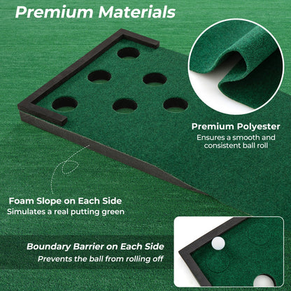 Close up of the golf putting green mat showing its premium materials and boundary barrier