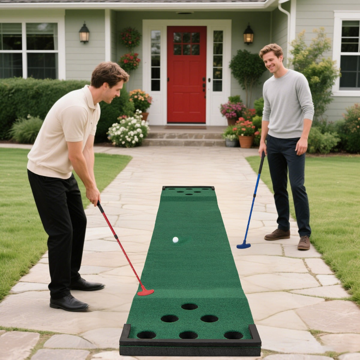 Two men playing golf on the putting green mat in a garden setting