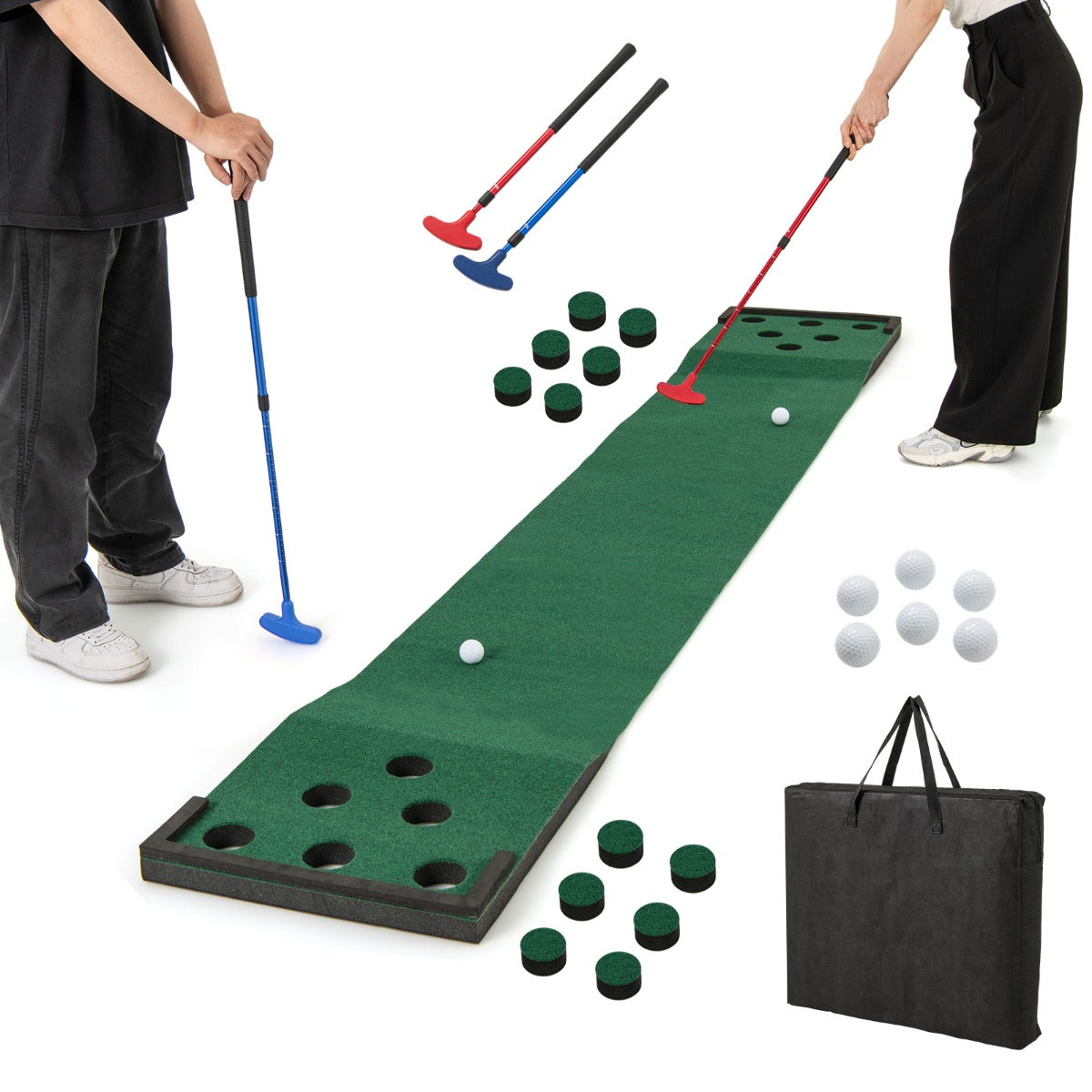 Golf putting green mat with two putters, golf balls and carry bag laid out
