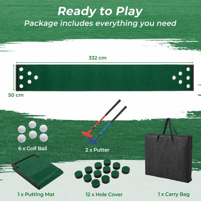 Diagram showing the size of the golf putting green mat and its included accessories