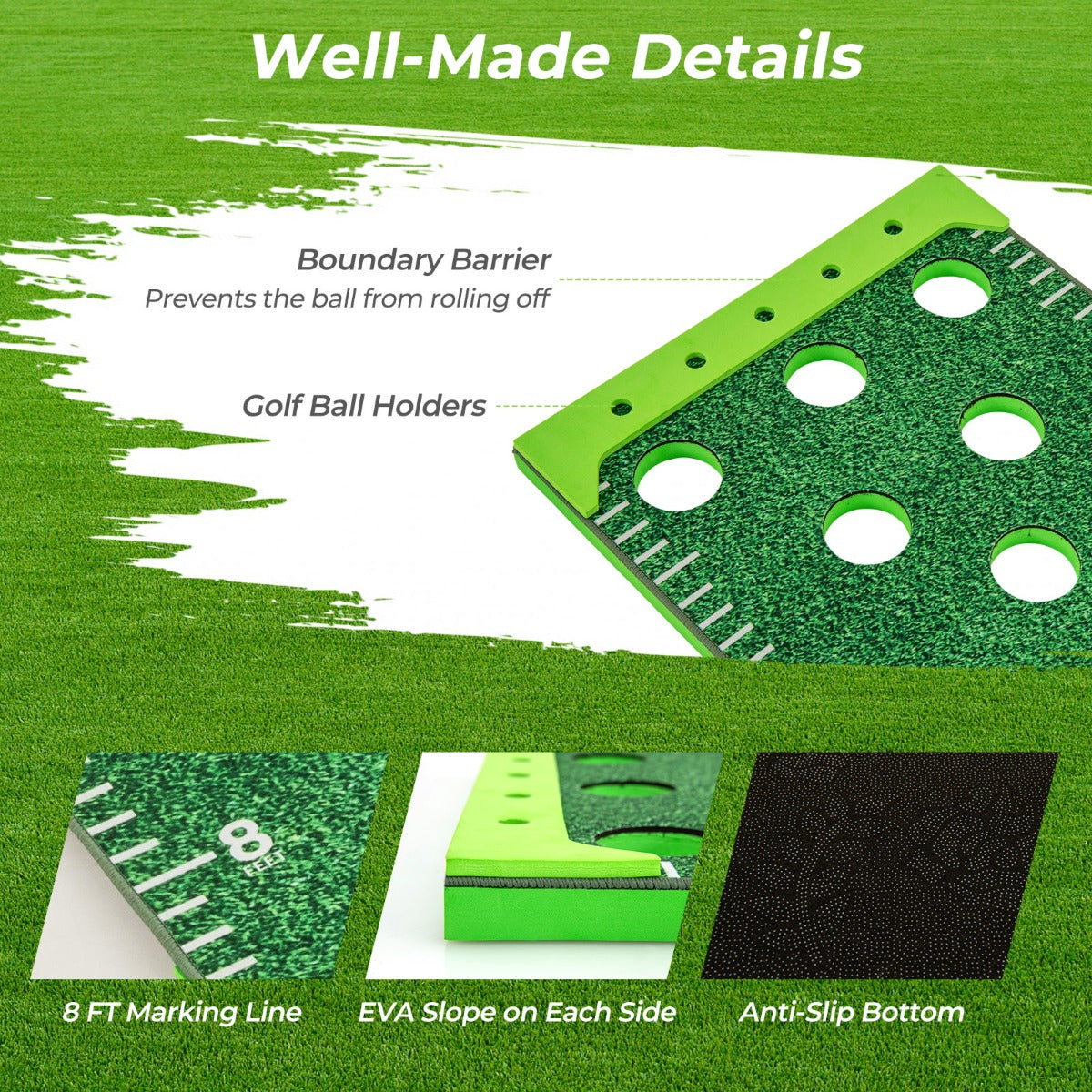 the putting green mat close-up showing the edge barrier, markings and textured base