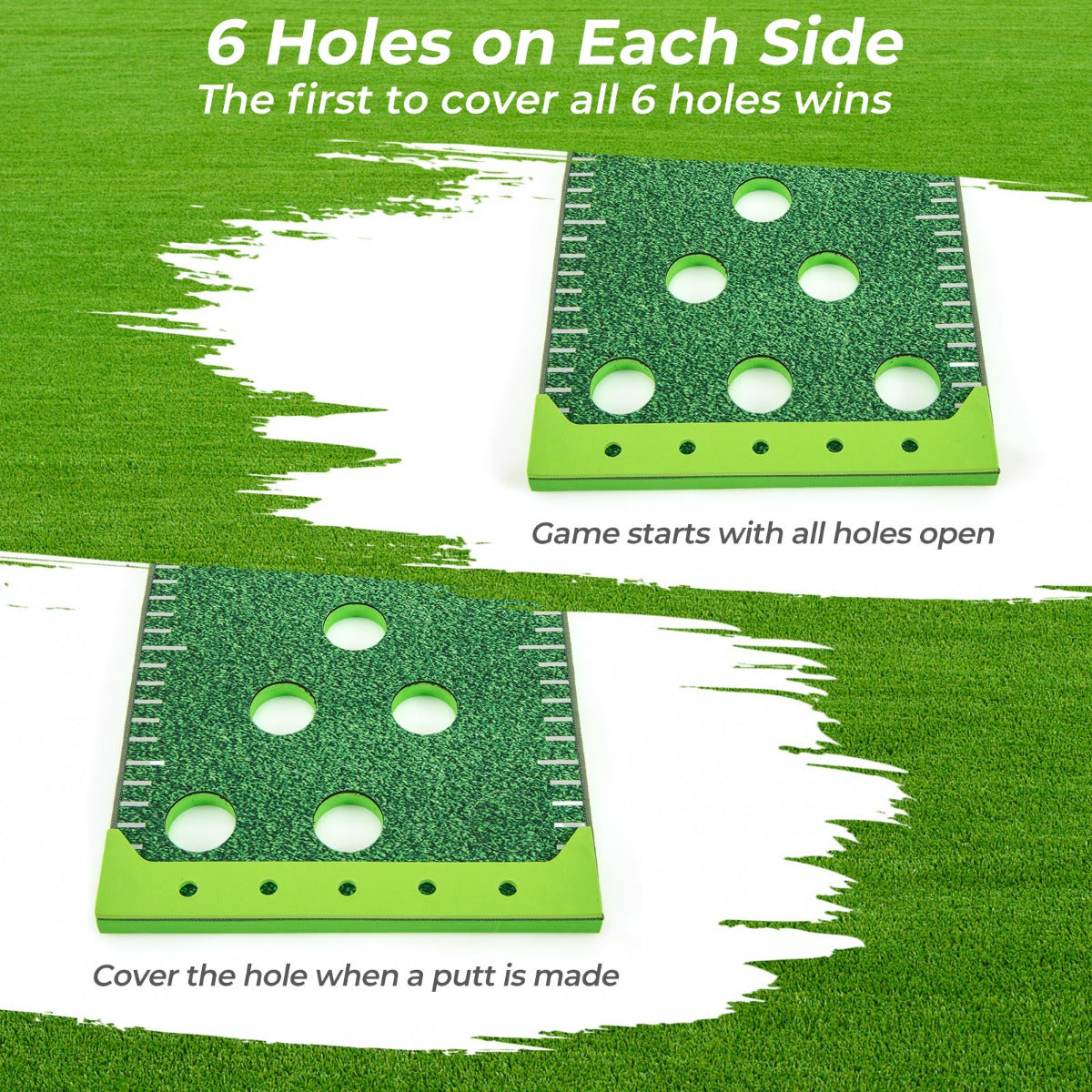 the putting green mat showing how to cover the holes during a game with text labels