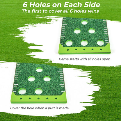 the putting green mat showing how to cover the holes during a game with text labels