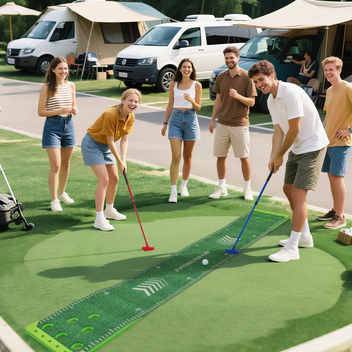 the putting green mat set up on a grassy campsite with four people playing a game