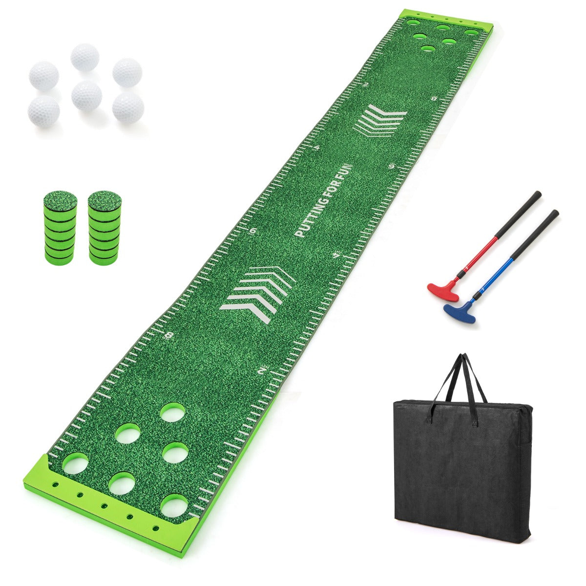 11 FT Putting Green Mat with putters, balls, hole covers and a black carry bag on white background