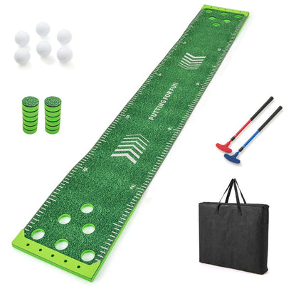 11 FT Putting Green Mat with putters, balls, hole covers and a black carry bag on white background