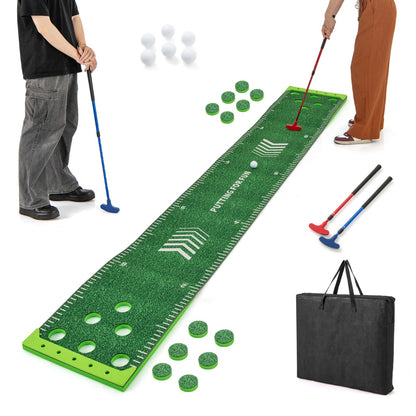 the putting green mat with accessories and a person holding a putter on white background