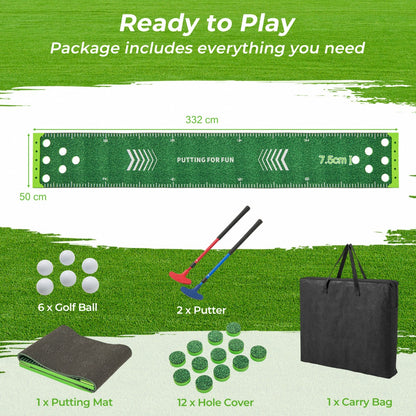 the putting green mat showing dimensions and all included items with text labels