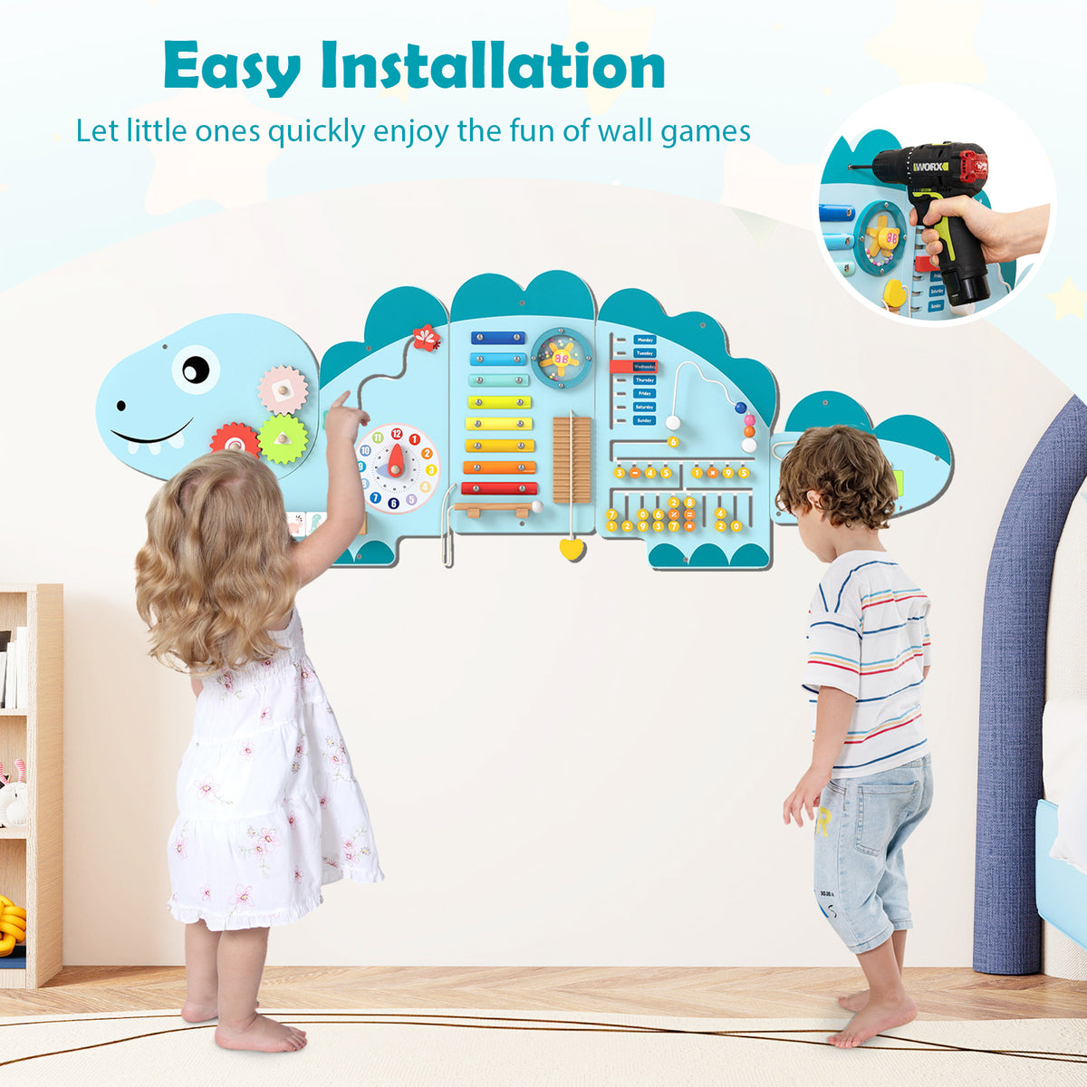 Instructions for easy installation of the dinosaur activity wall busy board panels
