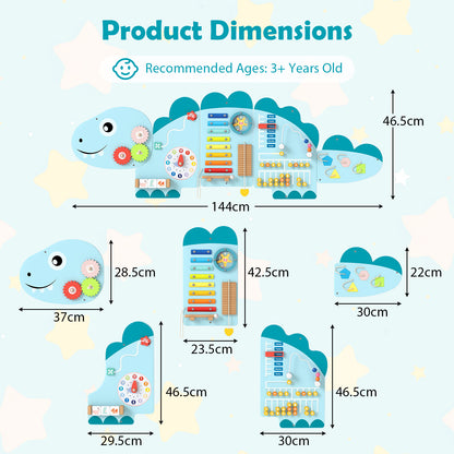 Product dimensions diagram for the dinosaur activity wall busy board panels