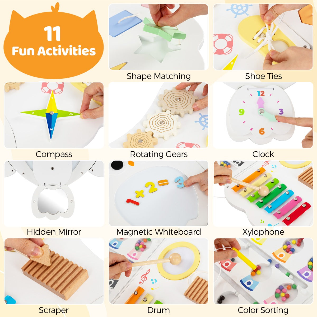 Close up collage of the 11 fun activities on the learning toy