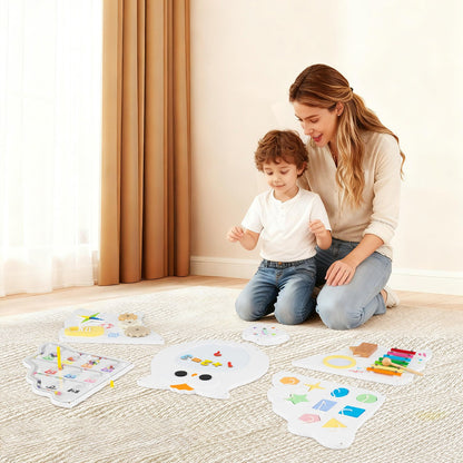 Mother and child playing with the learning toy pieces on the floor