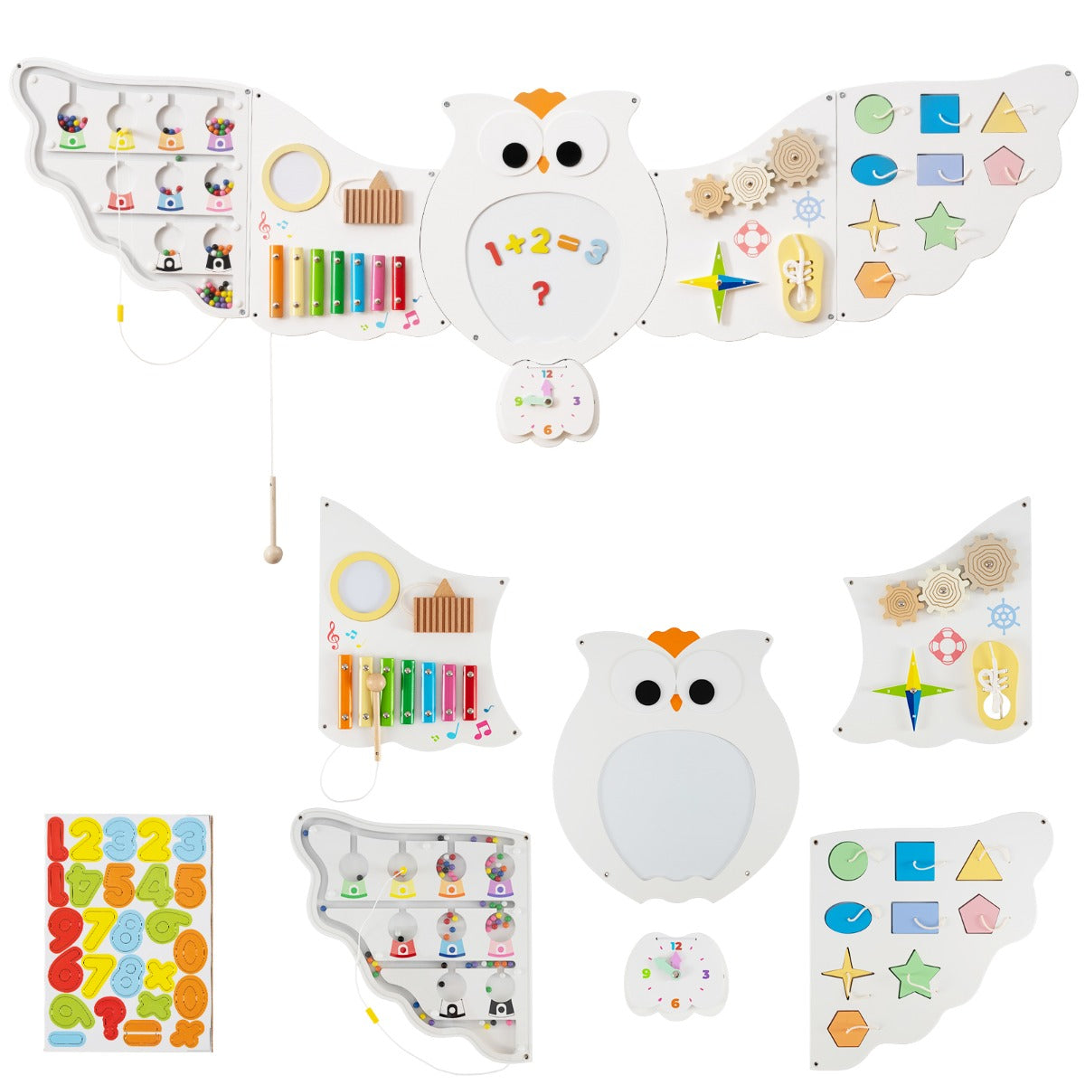All the separate parts of the owl learning activity centre laid out