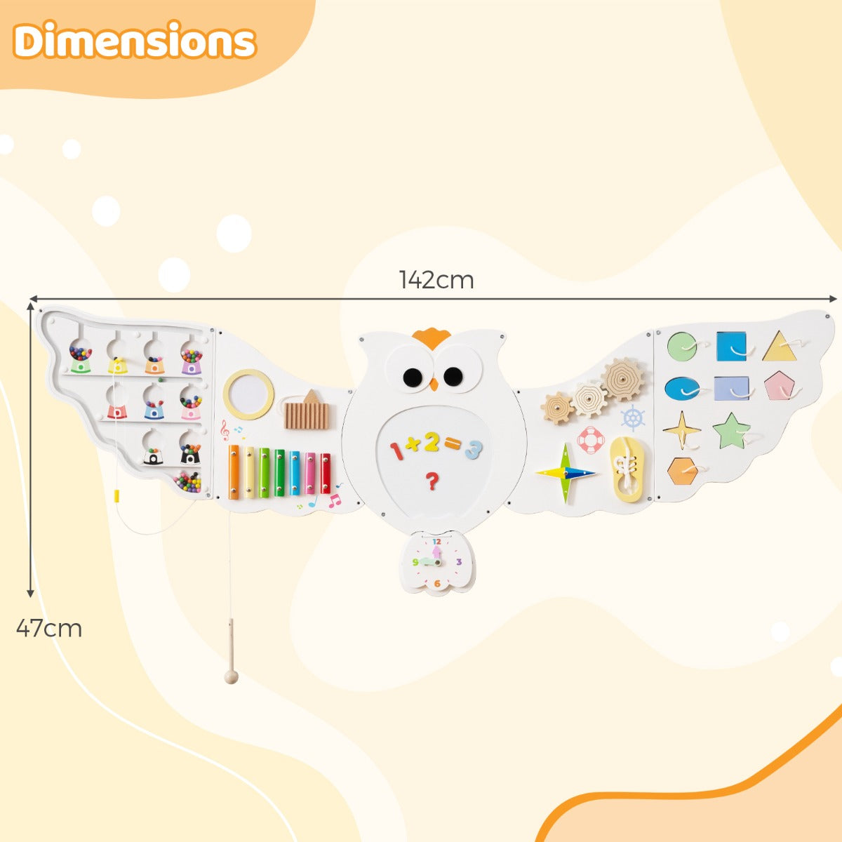 Dimensions diagram of the owl learning activity centre showing width and height