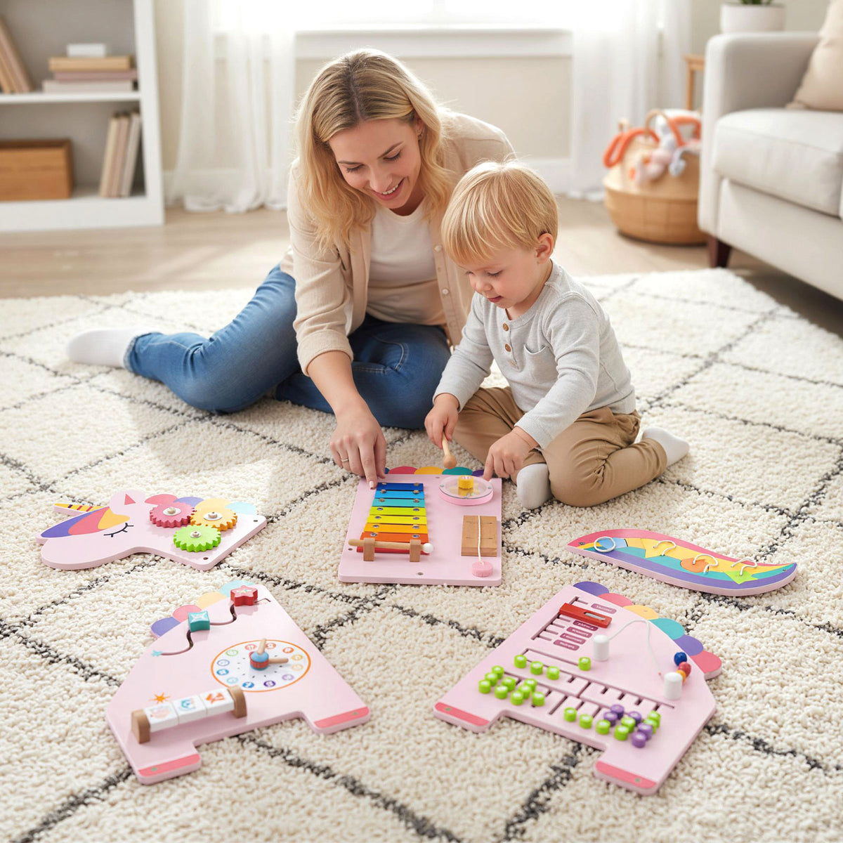A mother and her toddler playing with separate unicorn activity board pieces