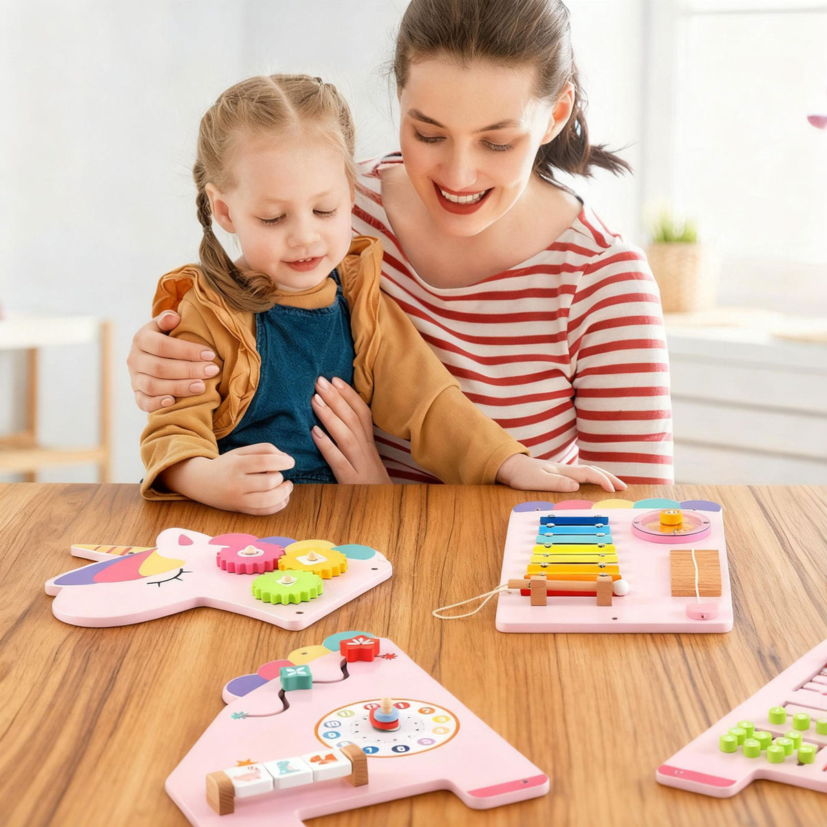 A mother and daughter looking at individual unicorn activity board panels