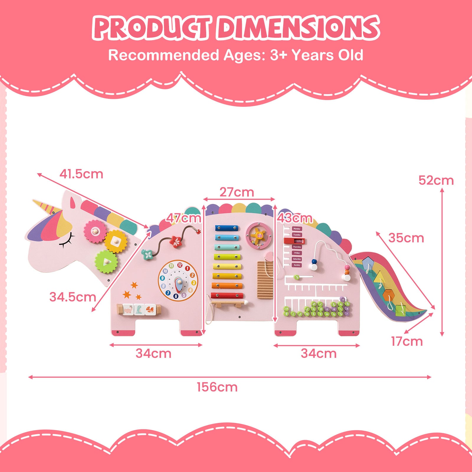 11-in-1 Unicorn Activity Wall Busy Board Panels for Toddlers-Pink
