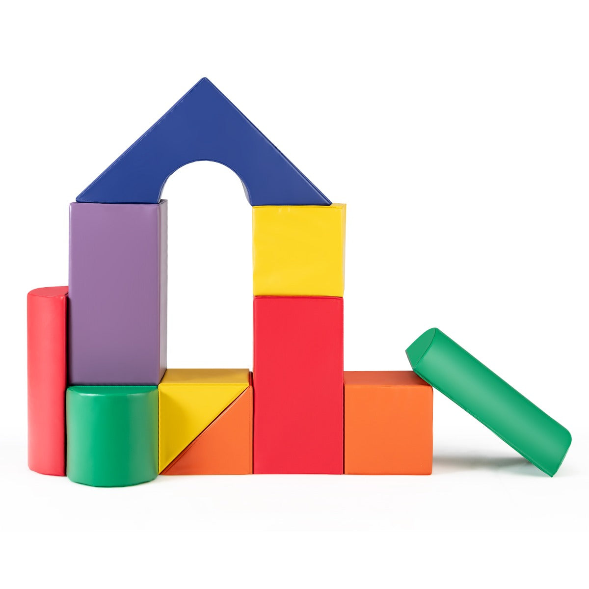 Close-up of the colourful foam blocks making up a house shape with a green cylinder