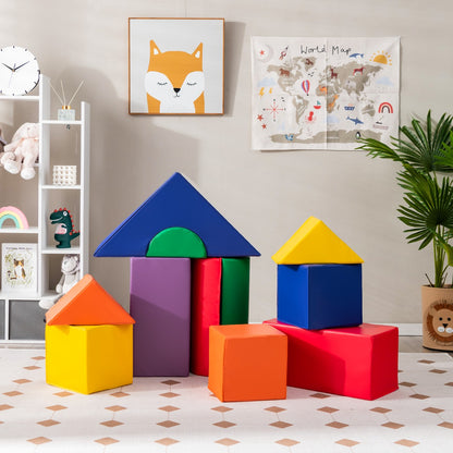 Soft play set in a child's bedroom with a rug and shelves in the background