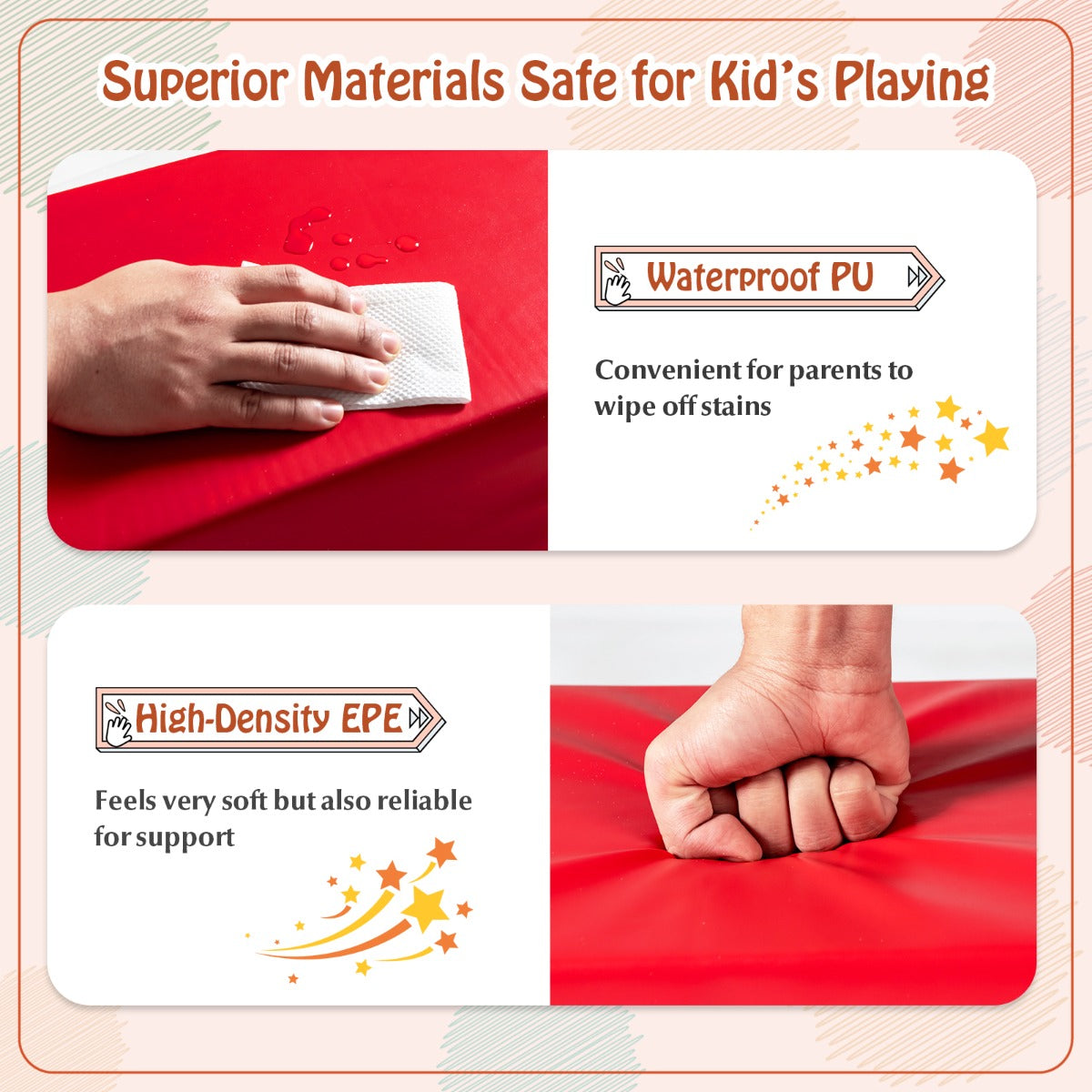 Close up of the waterproof and high-density EPE materials of the soft play set