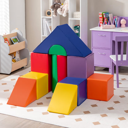 Soft play set arranged as a tunnel and ramp structure in a playroom