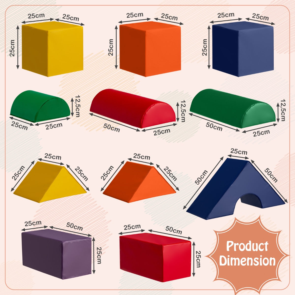 Diagram showing the dimensions of each foam block in the set