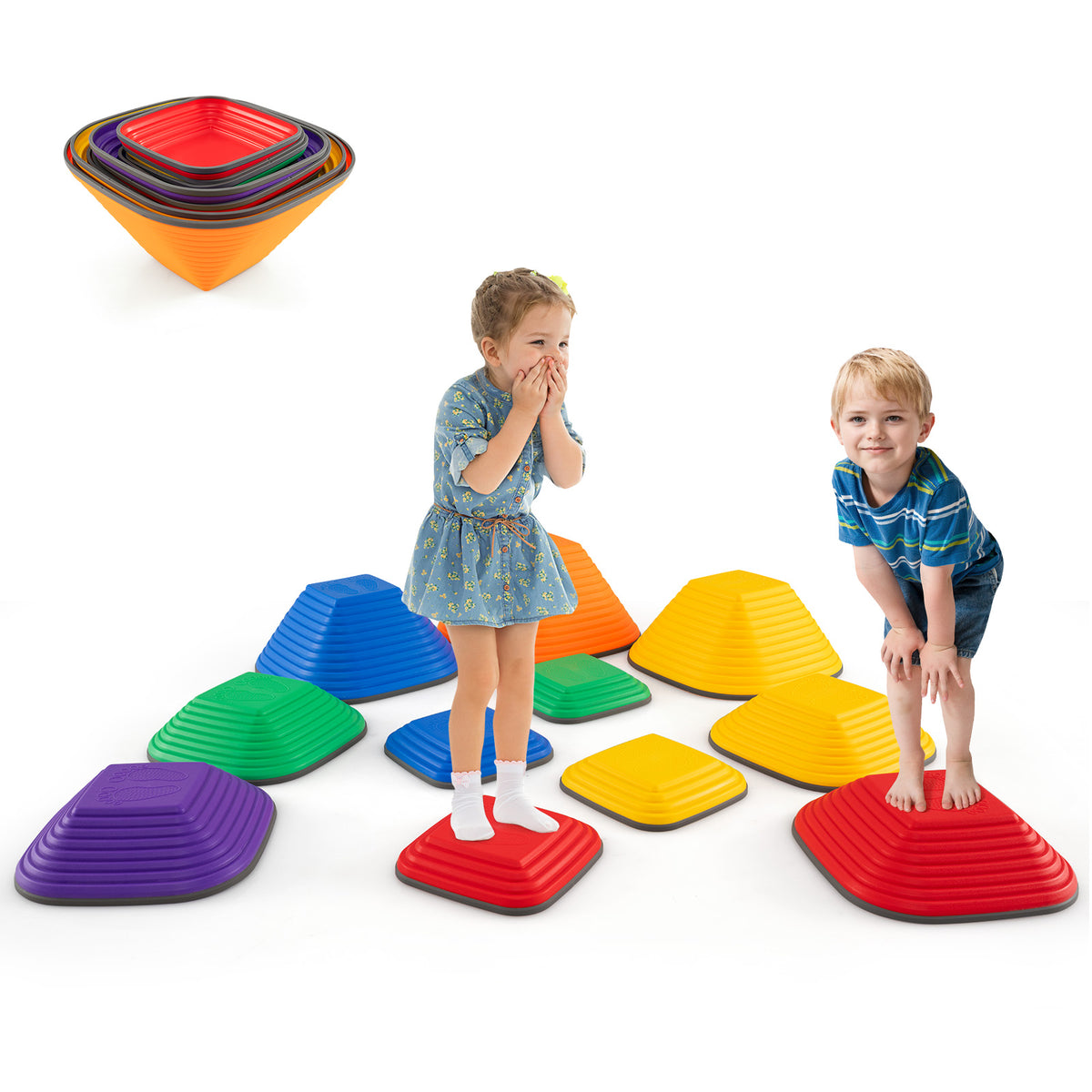 Two children stand on stepping stones in a playroom setting