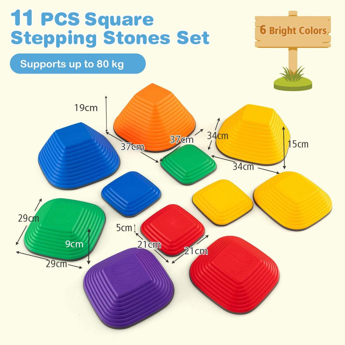 A diagram shows the dimensions of the 11 colourful stepping stones