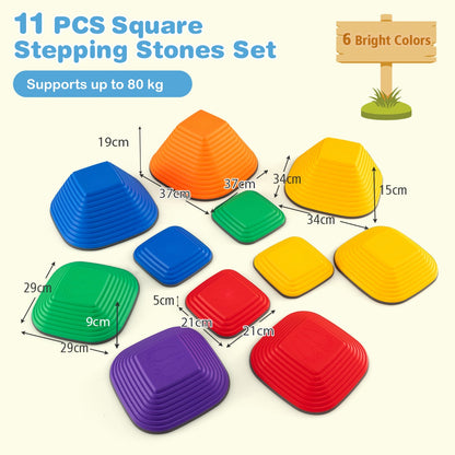 A diagram shows the dimensions of the 11 colourful stepping stones