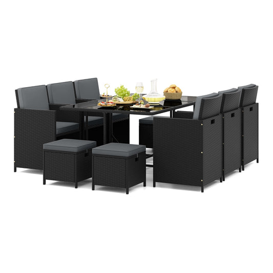 11 Pieces Patio Dining Set with ottomans for garden yard poolside in grey